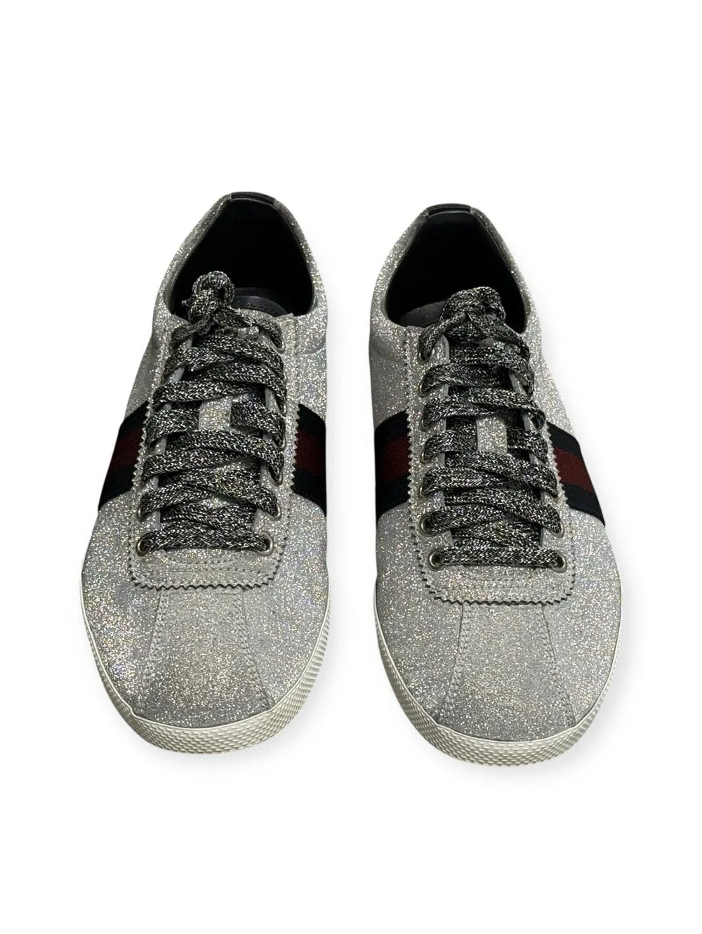 Size 7G (8US) Gucci Silver Glitter Leather Bambi Web Mens